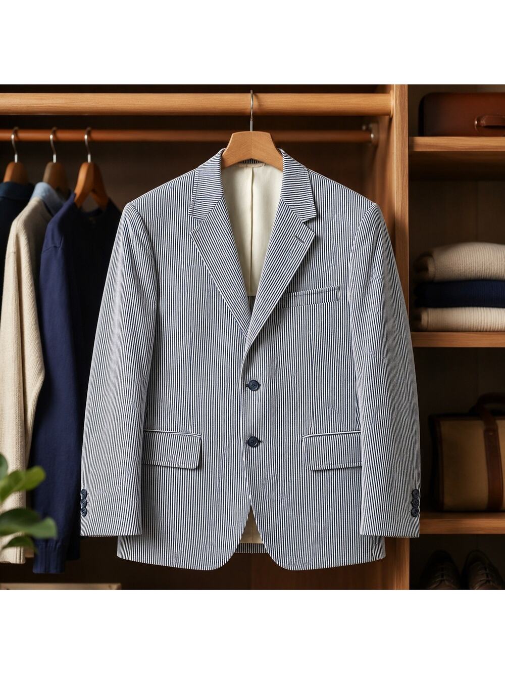VTG Montgomery Ward Blazer Mens 46 Long Blue White Seersucker Striped Sport Coat